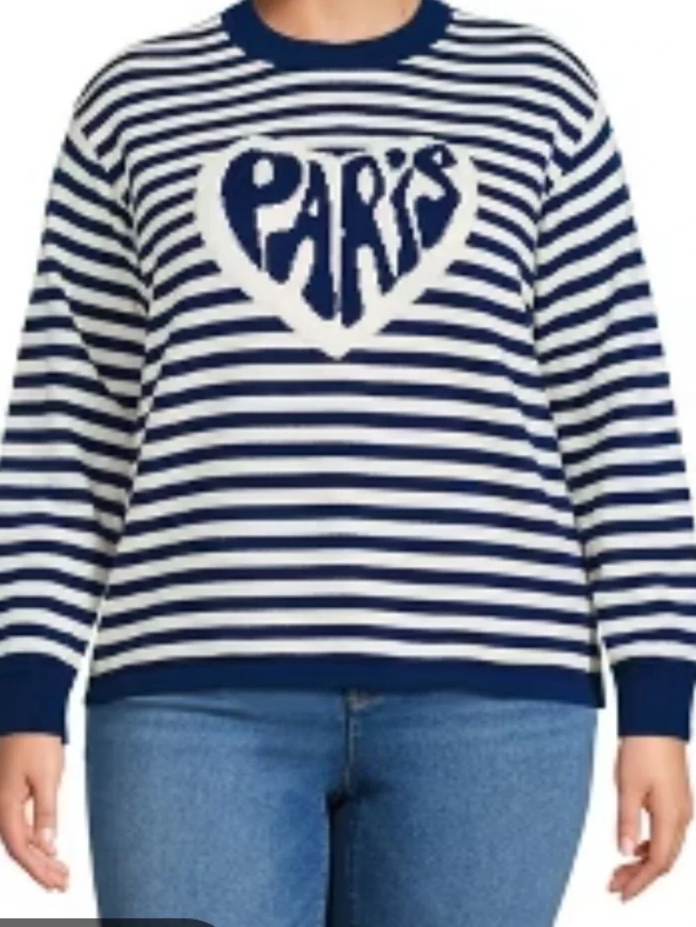 Lands' End Navy and White Striped Crewneck Sweater with 'Paris' Heart - Picture 1 of 4